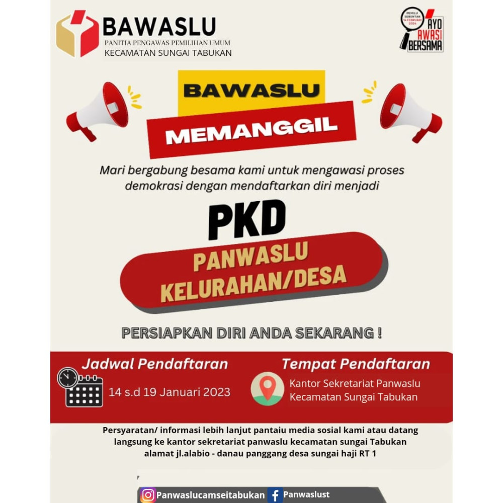 BAWASLU MEMANGGIL Pendaftaran PKD Panwaslu Kelurahan/Desa
